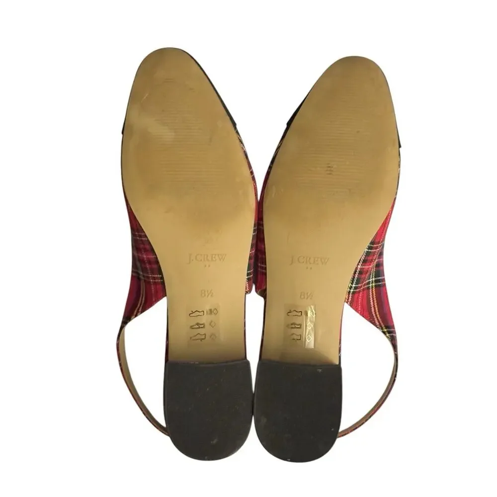 J.Crew Tartan Cap Toe Holiday Low-Heel Slingback Flat Red Black Plaid 8.5 M